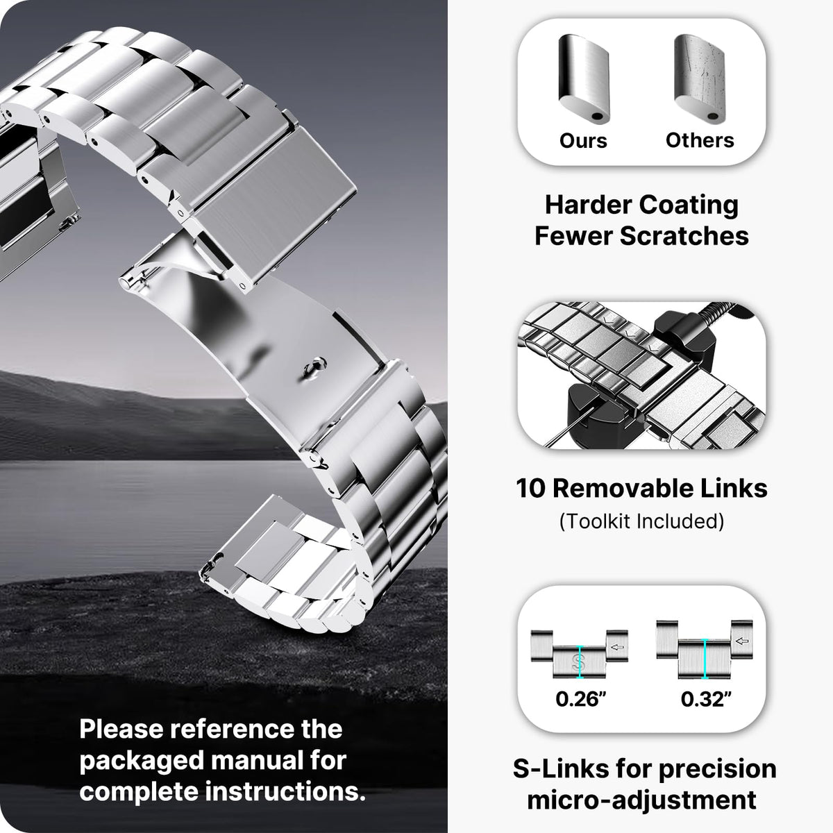 Fullmosa Stainless Steel Watch Band 16mm 18mm 19mm 20mm 22mm 24mm, Quick Release Metal Replacement Strap with Removable Links, Includes Spring Bars & Link Removal Tool for Men Women (22mm, Silver)