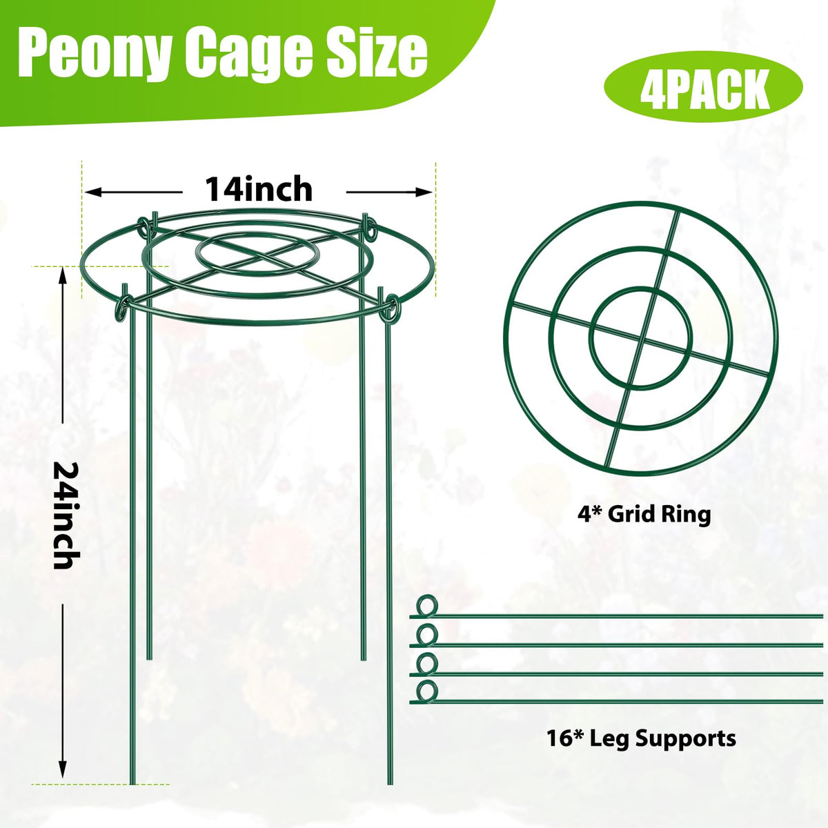 4 Pack Peony Cages and Supports, 14" Dx24 H Plant Supports for Outdoor Plants, Heavy Duty Metal Peony Support Cage Flower Support Rings, Plant Support Ring for Rose Tomato Hydrangea Strawberry