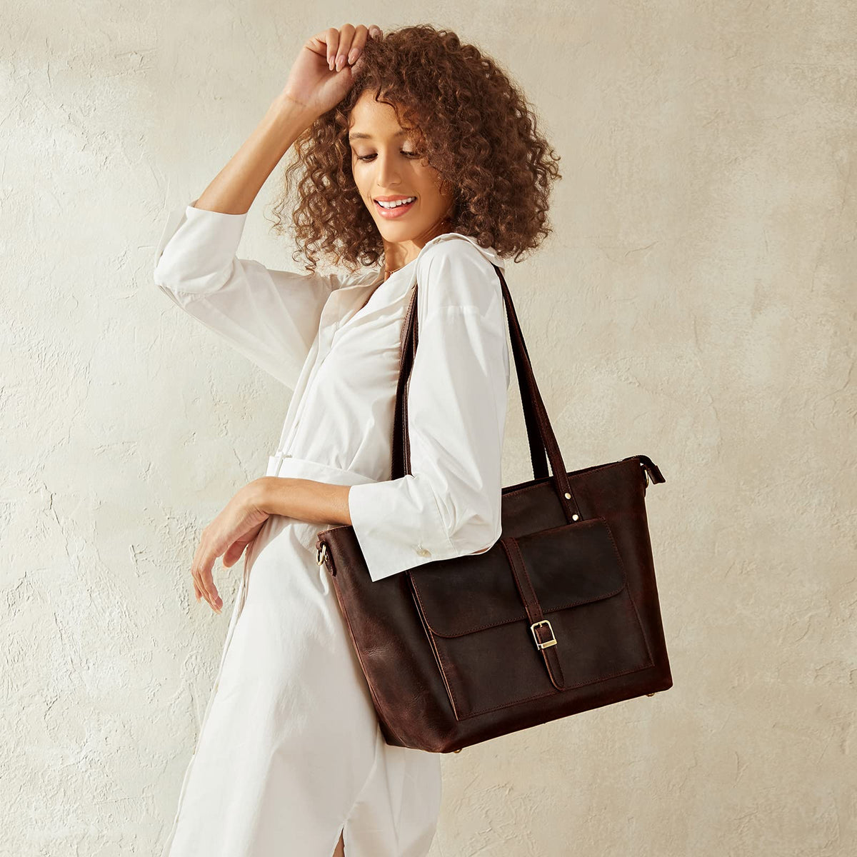 S-ZONE Women Vintage Genuine Leather Tote Bag Large Shoulder Purse Work Handbag