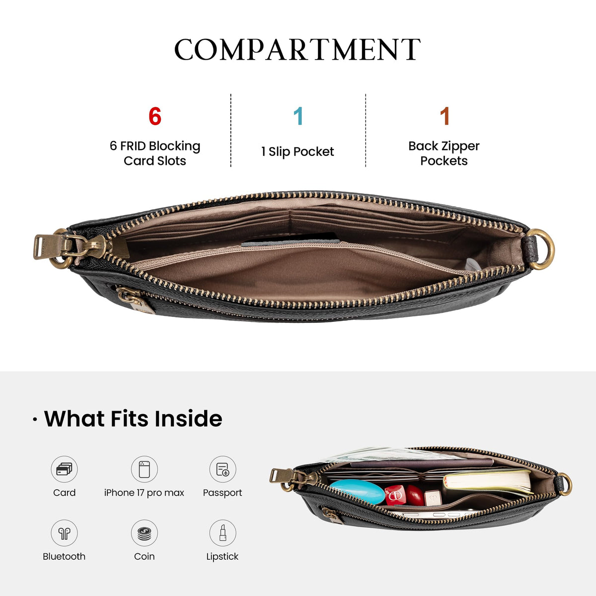 befen Genuine Leather Wristlet Wallets for Women, Black Cell Phone Purse with Built in Wallet Soft Real Leather Crossbody Bag with RFID Blocking Small Cluth Purses with Wrist and Crossbody Strap