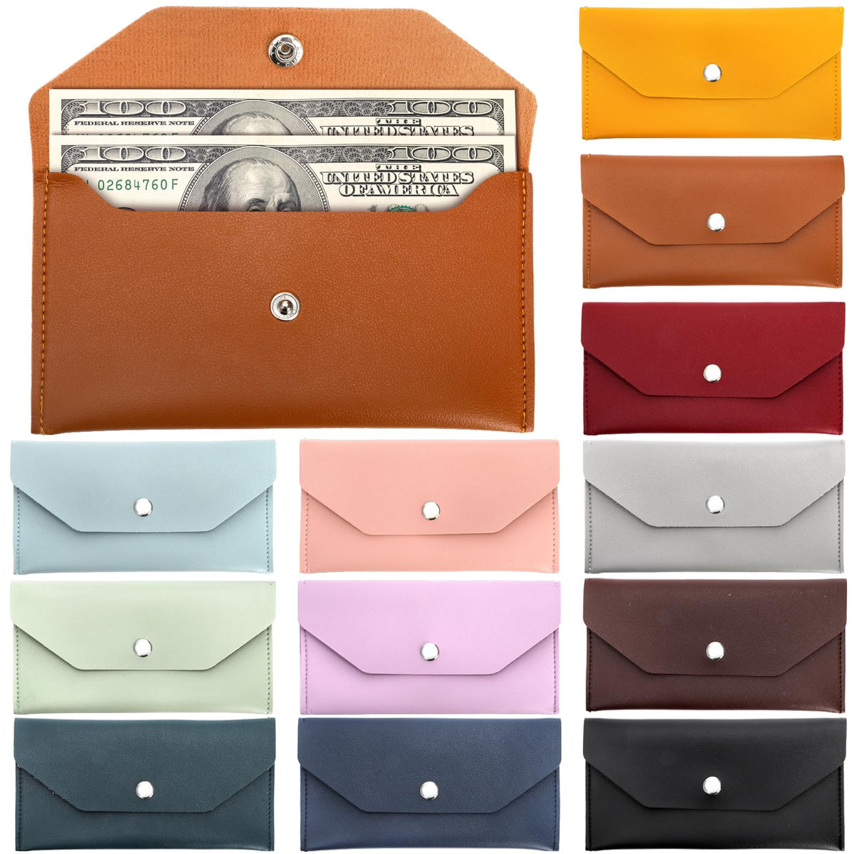 Tebery 12 Pcs PU Leather Cash Wallet, Reusable Money Envelope Purse with Snap Closure, Waterproof Pouch Bag Budget Organizers for Cash, Receipt, Card, 12 Color