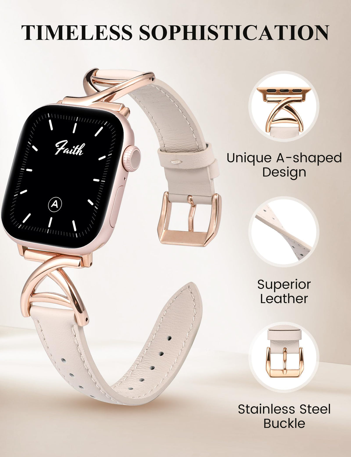 Minyee Leather Band Compatible with Apple Watch Bands 38/40/41/42mm Women,Dressy Premium Leather Strap with A-Shape Metal Buckle for iWatch Series 11 10 9 8 7 6 5 4 SE/Ultra 3 2 1,Starlight/Rose Gold