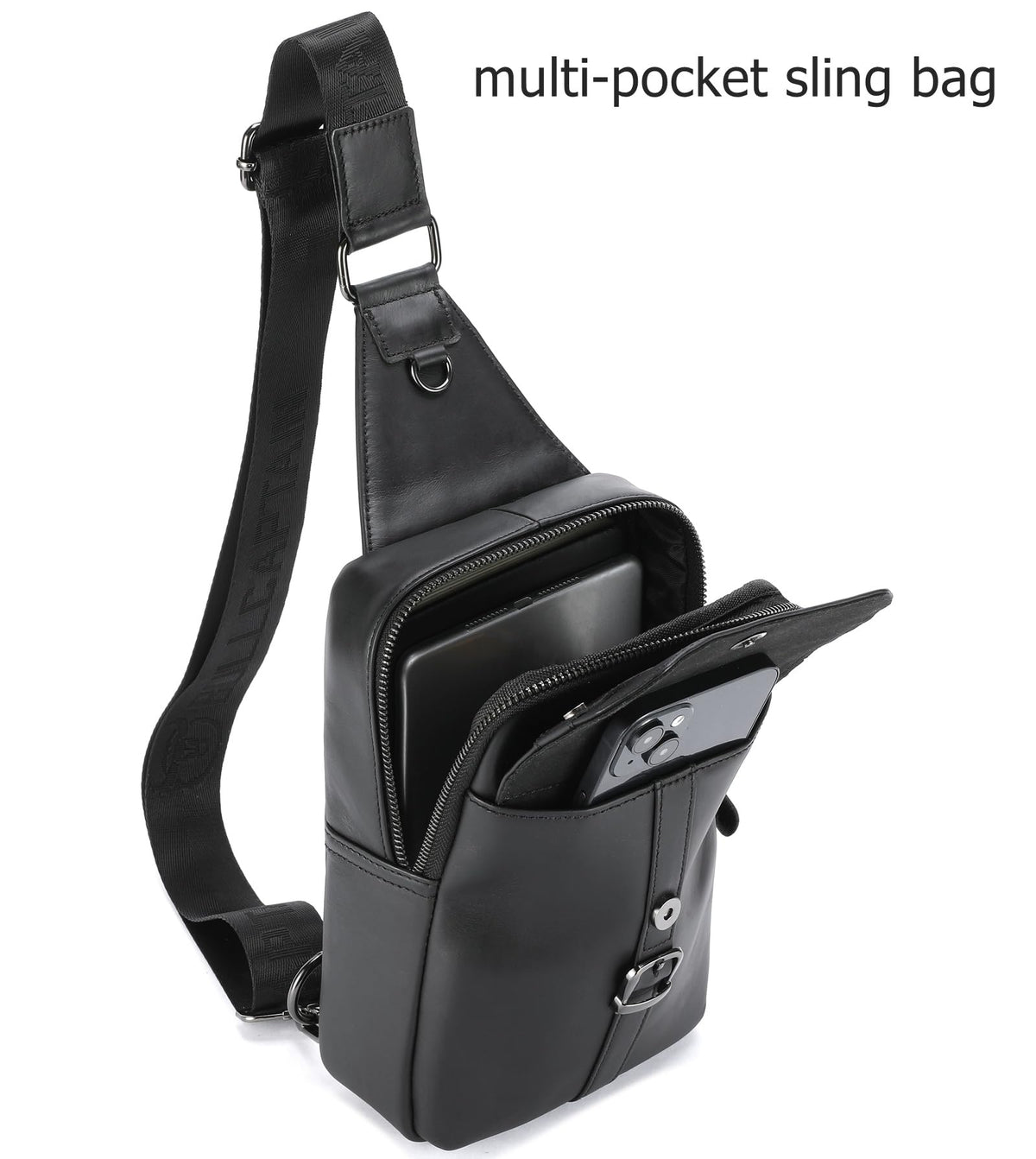 BULLCAPTAIN Men's Leather Samll Crossbody Backpack Sling Chest Bag for Hiking Travel (Black)