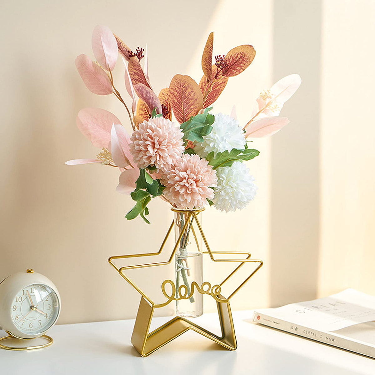 Glass Flower Vase with Metal Frame,Modern Creative Geometric Clear Vase for Flower Centerpieces Decorative,Desktop Hydroponics Vase Plant Terrarium for Home Office Decoration (Gold Star-Love)