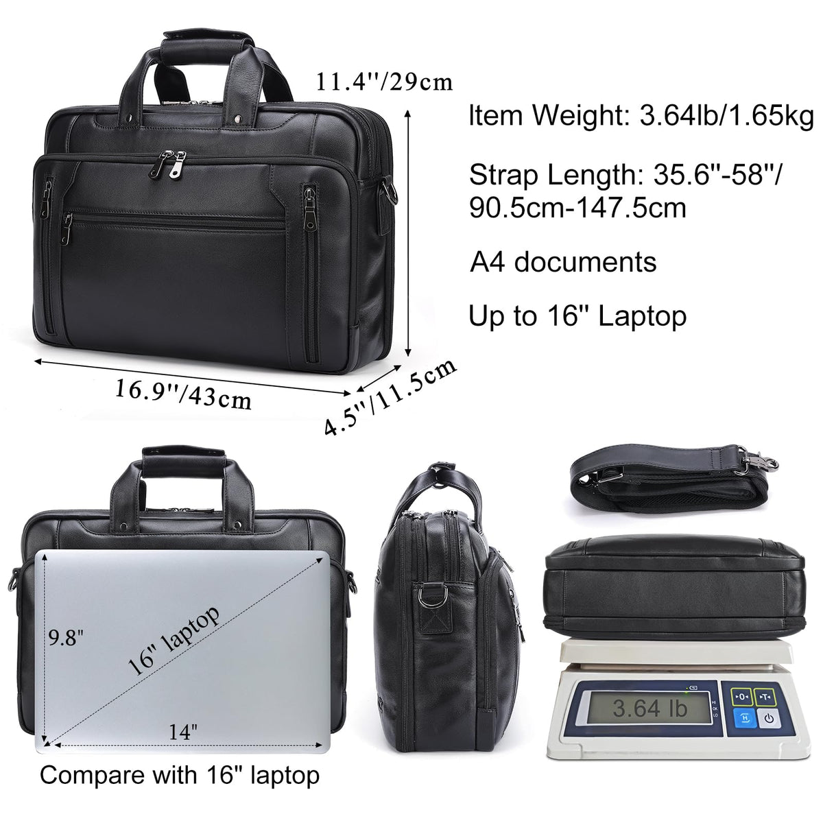 Masa Kawa Black Leather Briefcase for Men, Waterproof 16 Inch Laptop Computer Case, Crossbody Shoulder Messenger Bag for Business Travel, Office Work