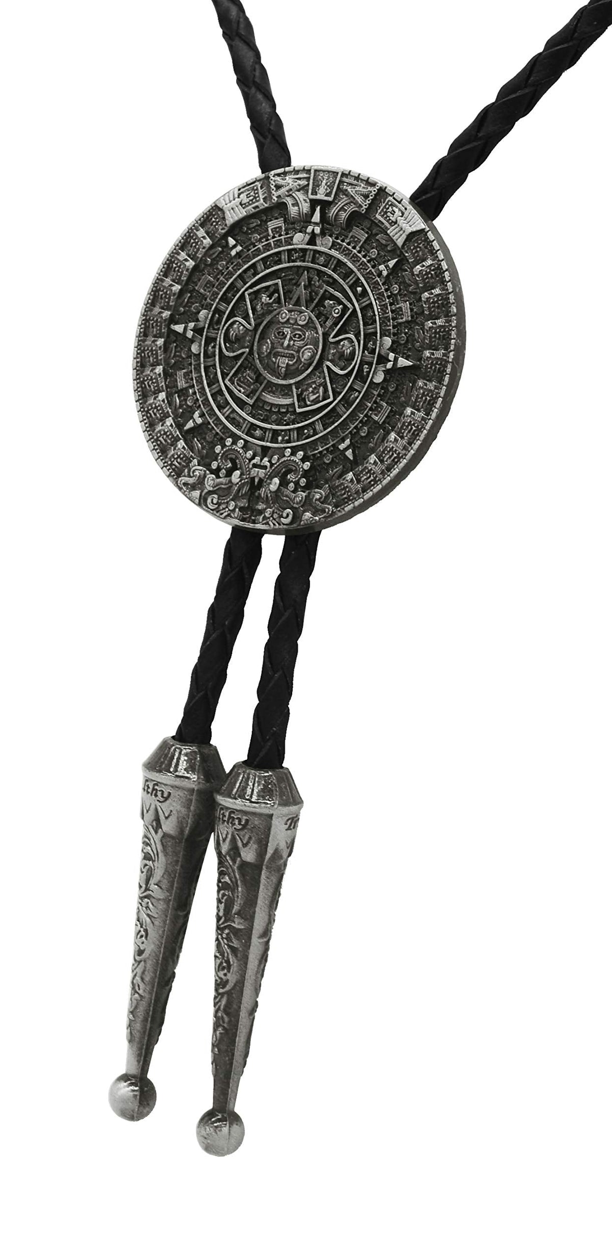 Moranse Bolo tie With Pewter Aztec Calendar Circle Design Cowboy Two Colors (Silver)