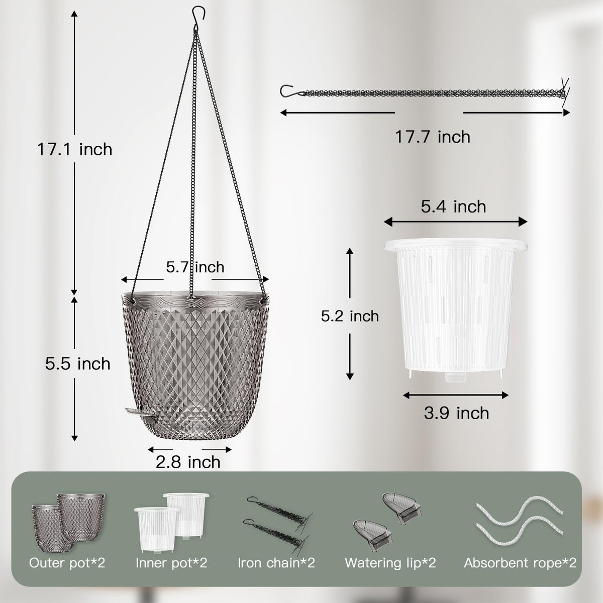 QCQHDU Hanging Planters for Indoor Plants, 2-Pack 5.7 Inch Self Watering Hanging Pots, Plastic Plant Hanger with Drainage Holes and 3 Hooks Chains for Garden Home (Gray)