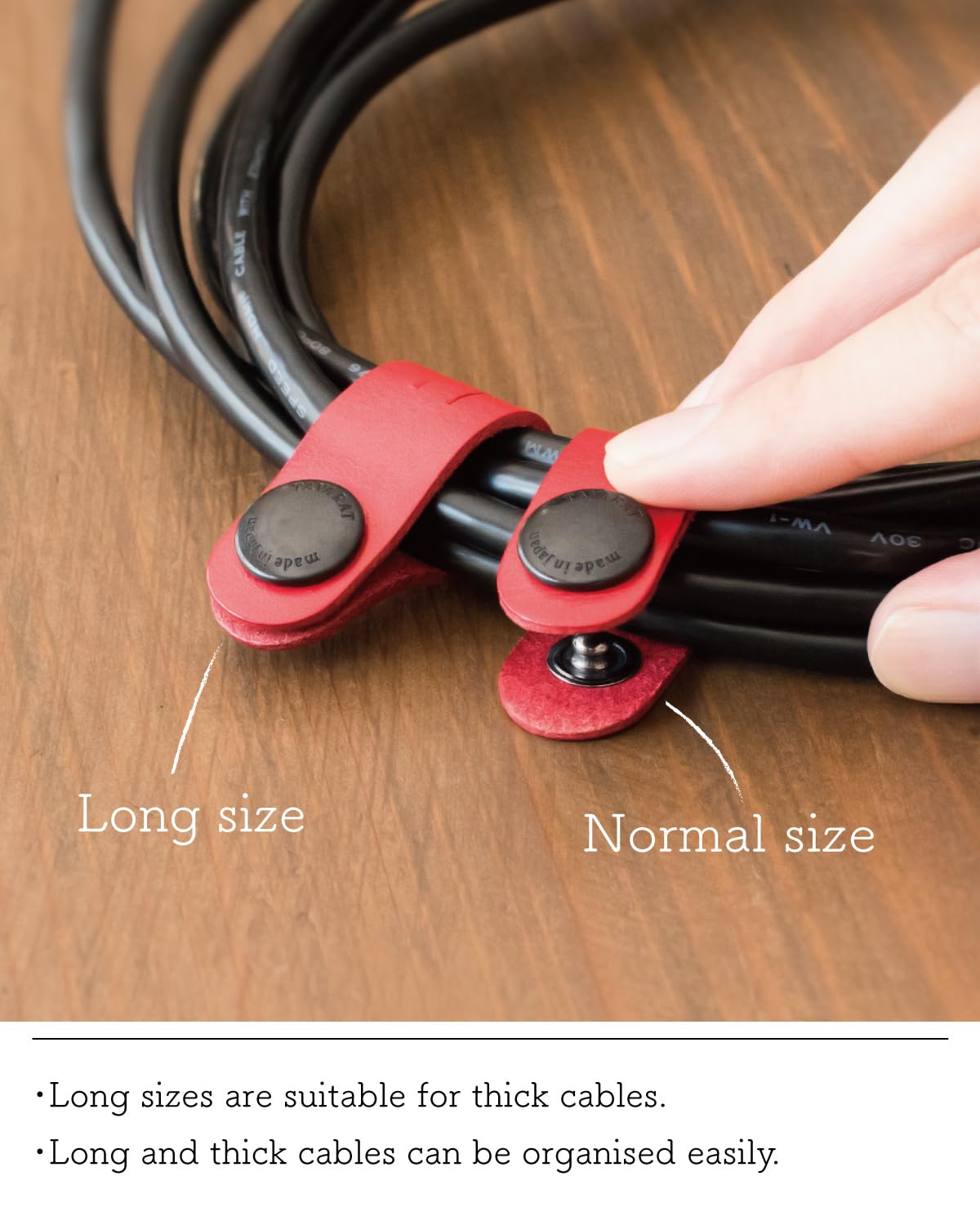 TAVARAT Cord Organizer, Long size, Cable Organizer, Charger Organizer, made in Japan, Genuine Leather, Cable Straps, (Long size, Black, set of 3)