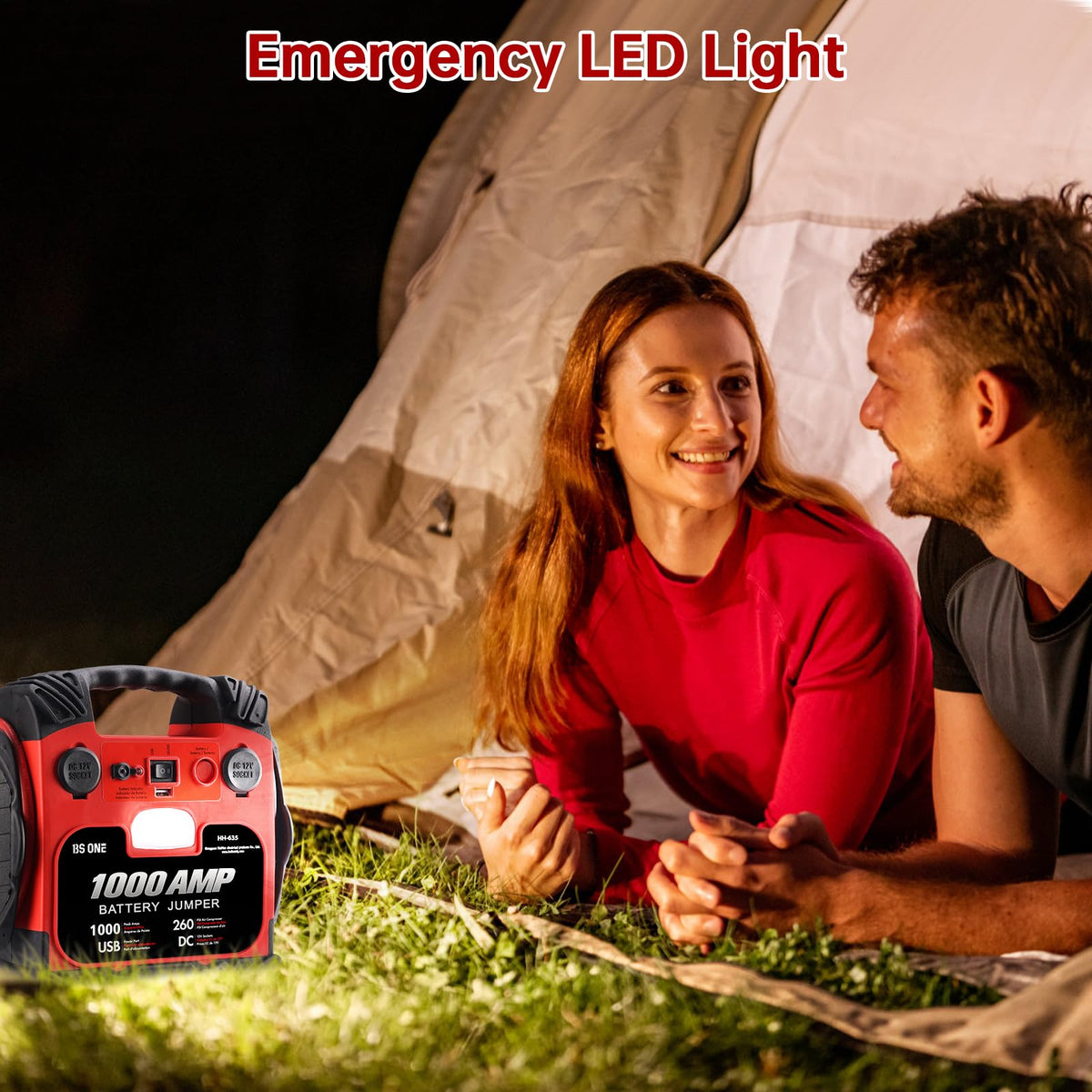 BS ONE 1000 Amp Peak Current Car Jump Stater, 12V Lead Acid Battey Jump Box with 260PSI Air Compressor, Jump Starter Battery Pack with Led Light & USB Output