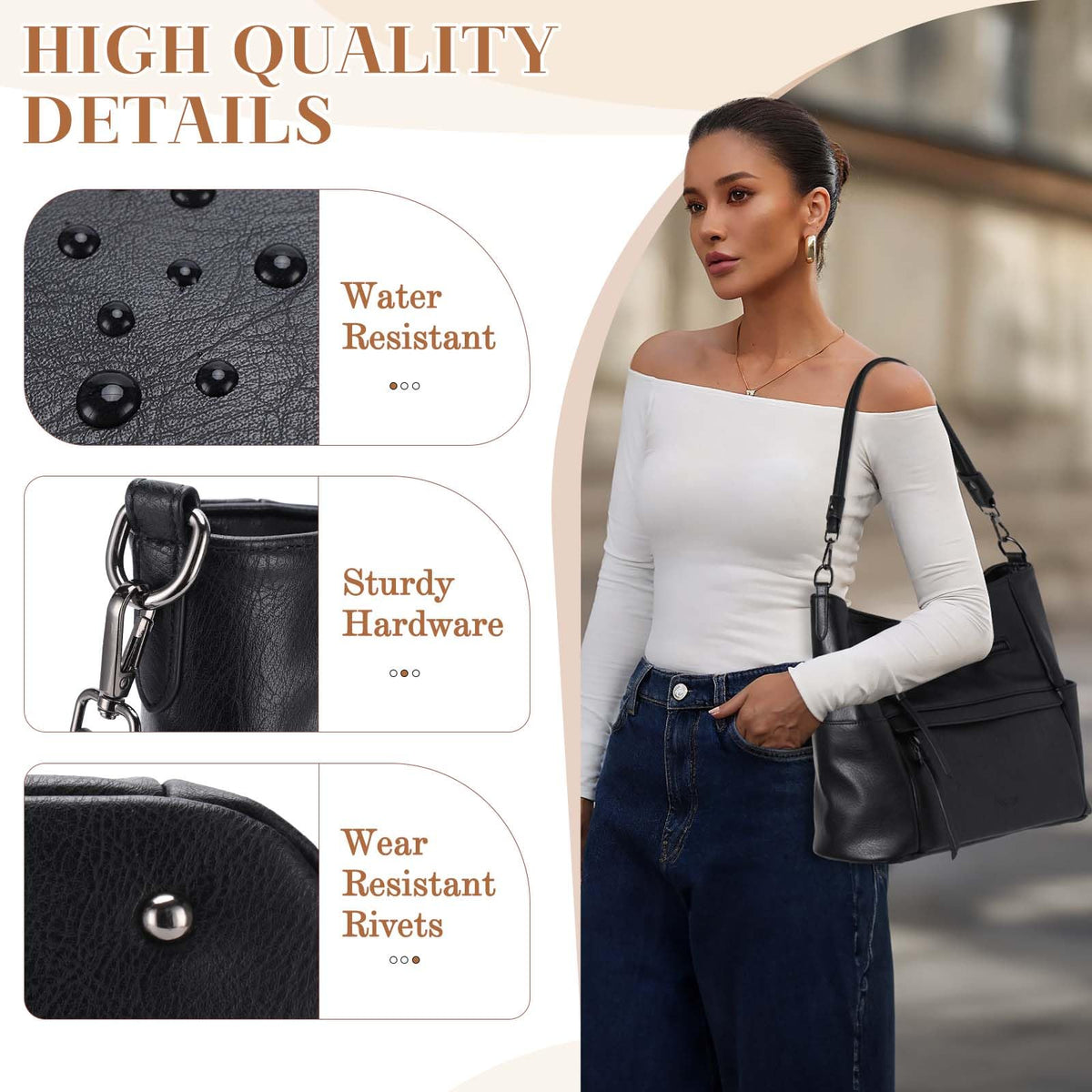VASCHY Hobo Bag for Women, Roomy Leather Shoulder Purse with Wallet Set, Tote Bag with Guitar Strap, Ideal Gift for Women