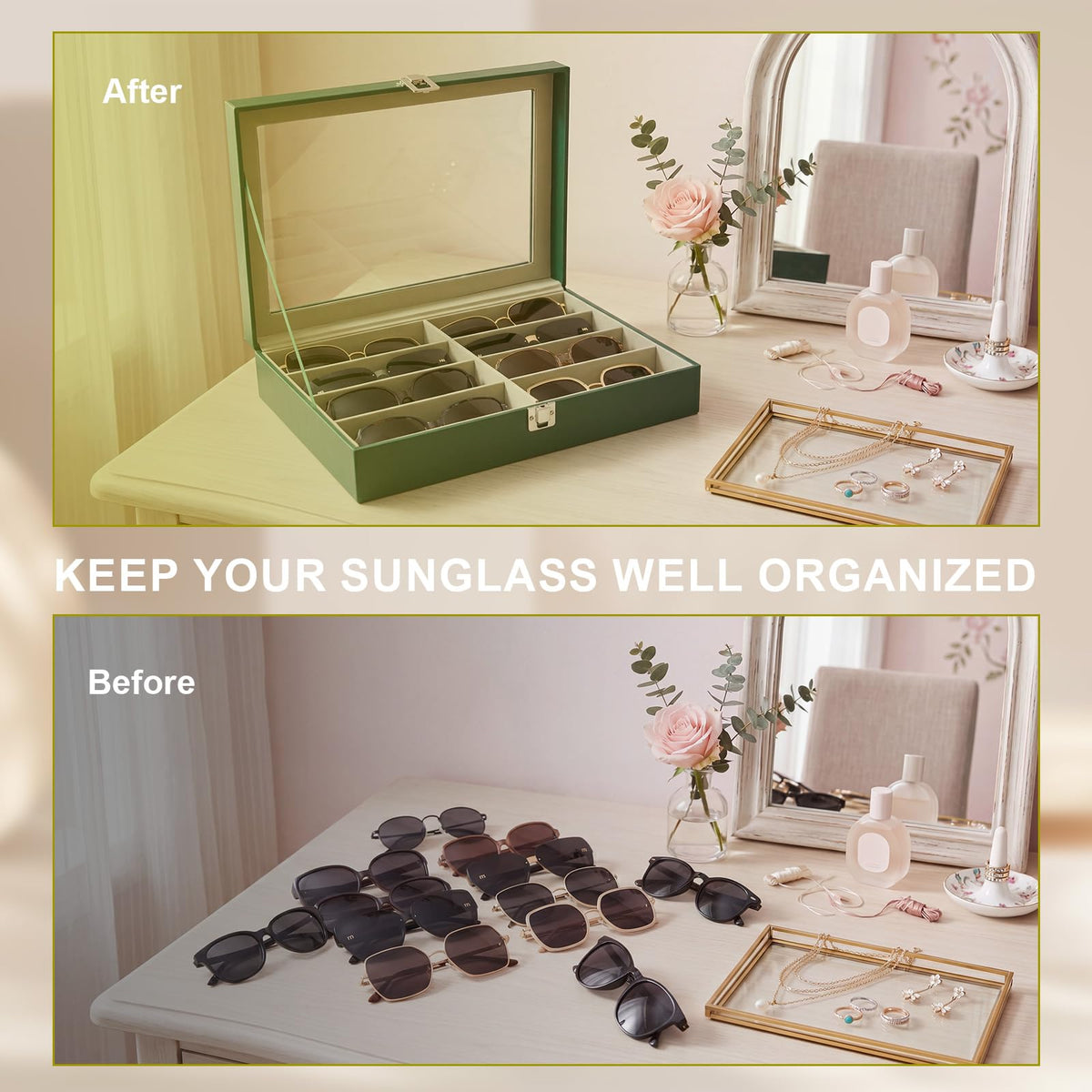 CECOBAG 8 Slots Sunglass Organizer with Clear Top Lid – PU Leather Glasses Case Display Tray, Removable Dividers, Also Suitable for Jewelry Storage-Green