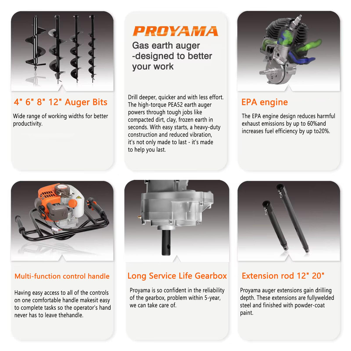 PROYAMA 54cc Post Hole Digger Gas Powered 2 Cycle Earth Auger, 5-Year Warranty Gear Box, 4 Drill Bits 4" 6" 8" 12" + Extension Rod 12" 20"