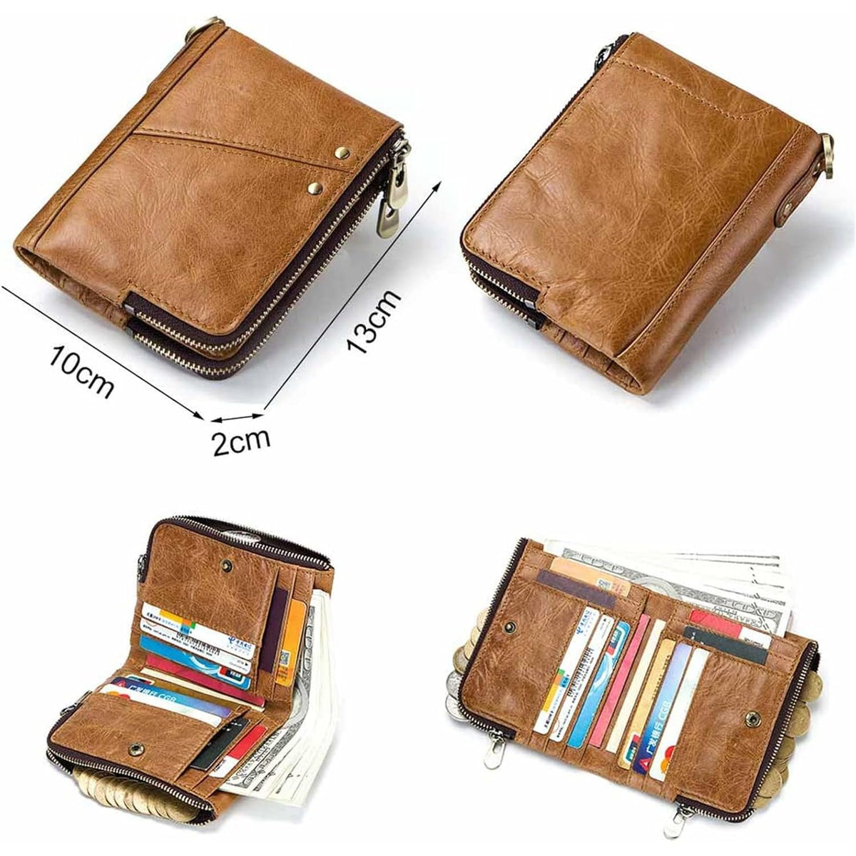 ZYLOXAR Genuine Leather Wallet for Men RFID Blocking Cowhide Vintage Chain Bifold Double Zipper Snap Closure Slim Large Capacity 12 Card Slots (Yellow)