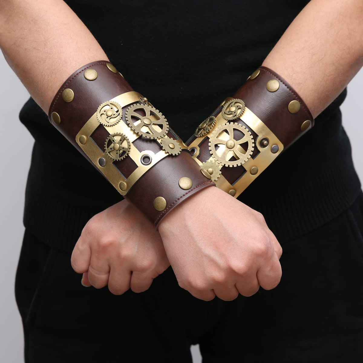 HZMAN Men's Gothic Steampunk Bracers, Leather Arm Guards for Women, Medieval Wristband for LARP/COSPLAY, One Size Adjustable