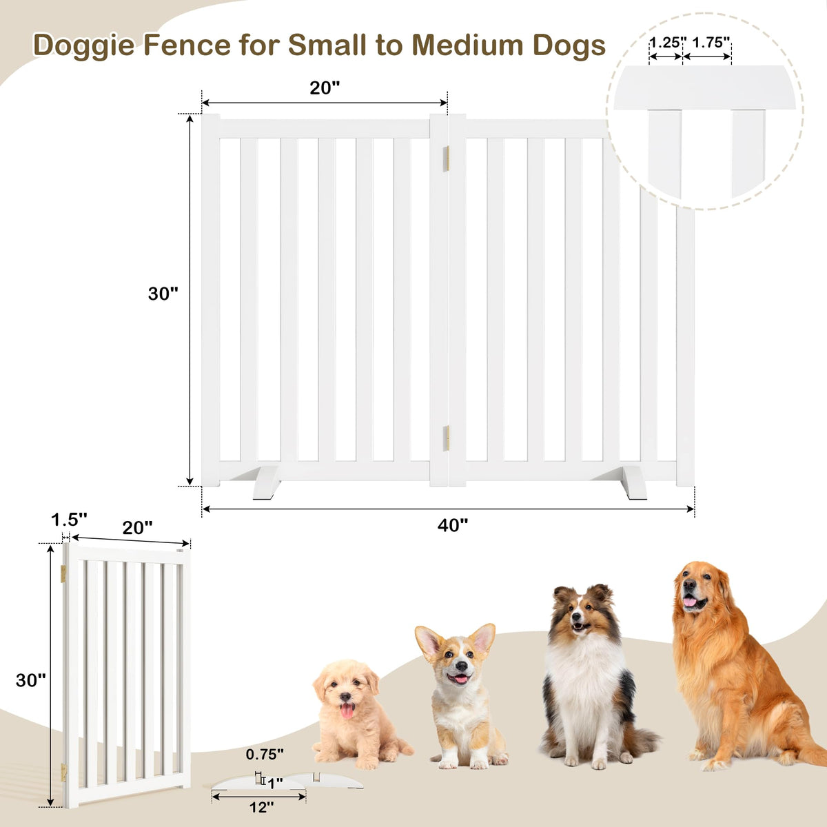 30" Height Tall Freestanding Pet Gate, Solid Wood Folding Safety Fence Wooden Dog Gate with 2 PCs Support Feet Ideal for Stairs, Doorways, Halls, Kitchens, Heavy Duty Gates, 2 Panels, White
