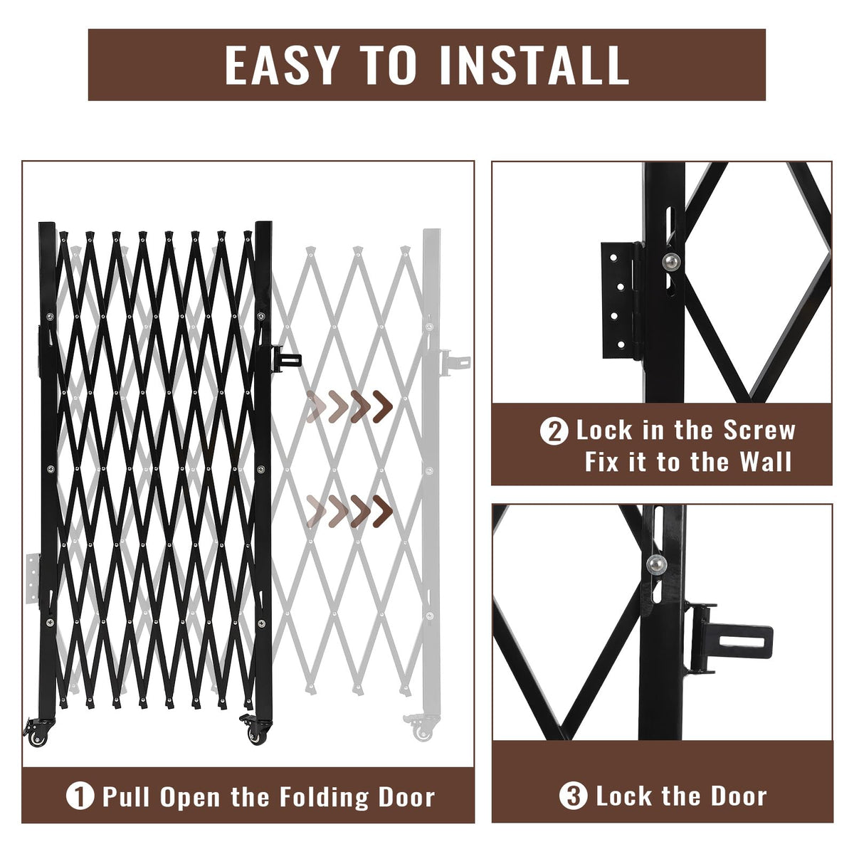 SierraSquad Single Folding Security Gate 85" H x 95" W, Steel Expandable Fence with 360° Rolling Wheels for Courtyard, Garage, and Garden Access Control