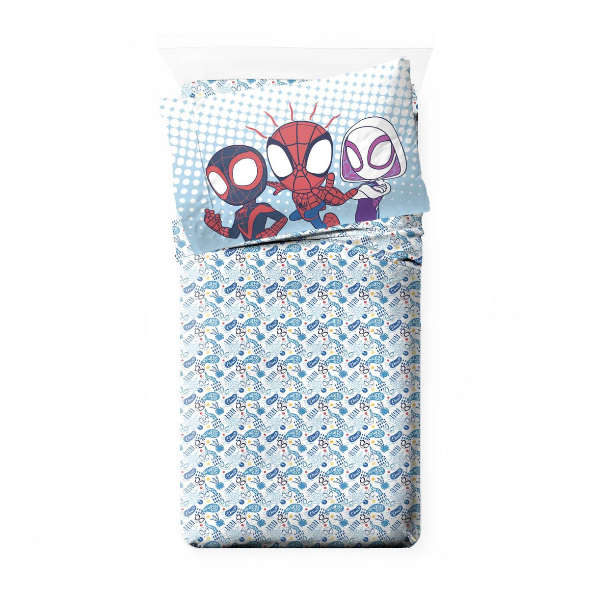 Jay Franco Kids Comforter Set Includes Sheets and Pillow Covers - Soft and Cozy Bed Set for Stylish Room Decor, Light Blue - Spidey & His Amazing Friends, 4 Piece Toddler