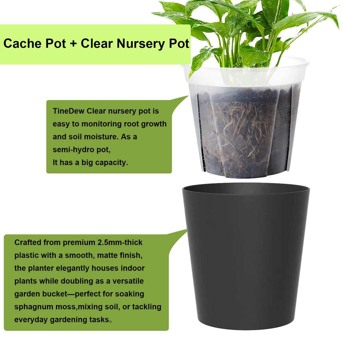TineDew 3 Pack of 6in Plastic Cachepot with 6 inch Clear nusery Pot - self Watering Indoor Planter with Drainage for Root Visibility,semi Hydro pots for repotting Orchids,Aroid or Monstera,Black