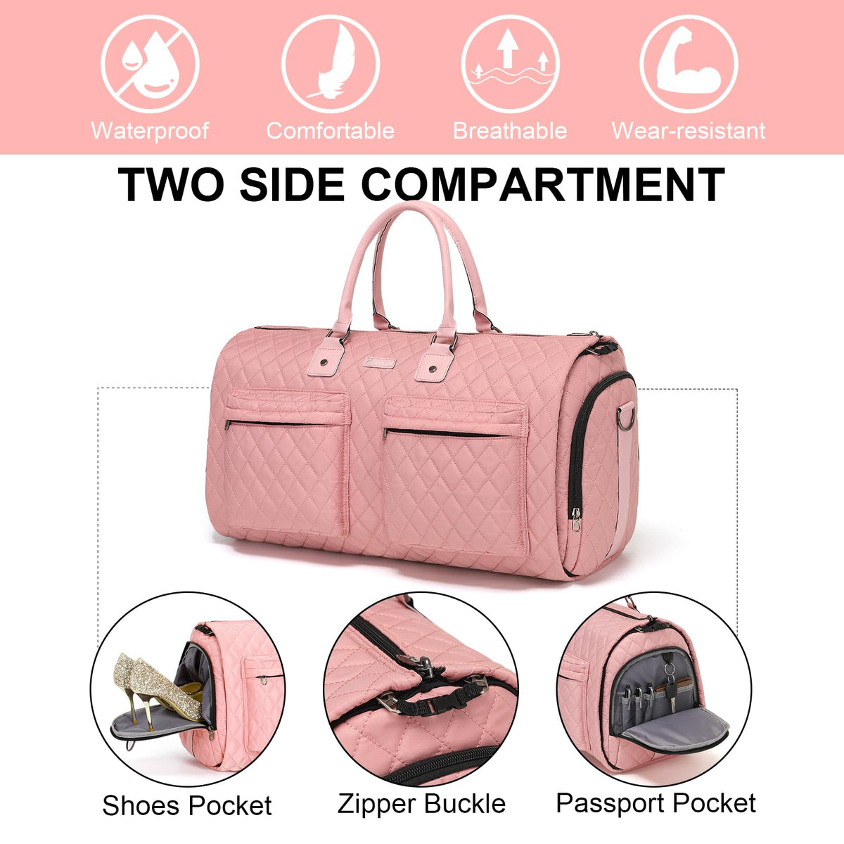 Modoker Rolling Garment Bag for Travel,Womens Convertible Garment Bags with Wheels, Luggage Suit Travel Bags,3 in 1 Carry On Wheeled Duffel Bag,Pink