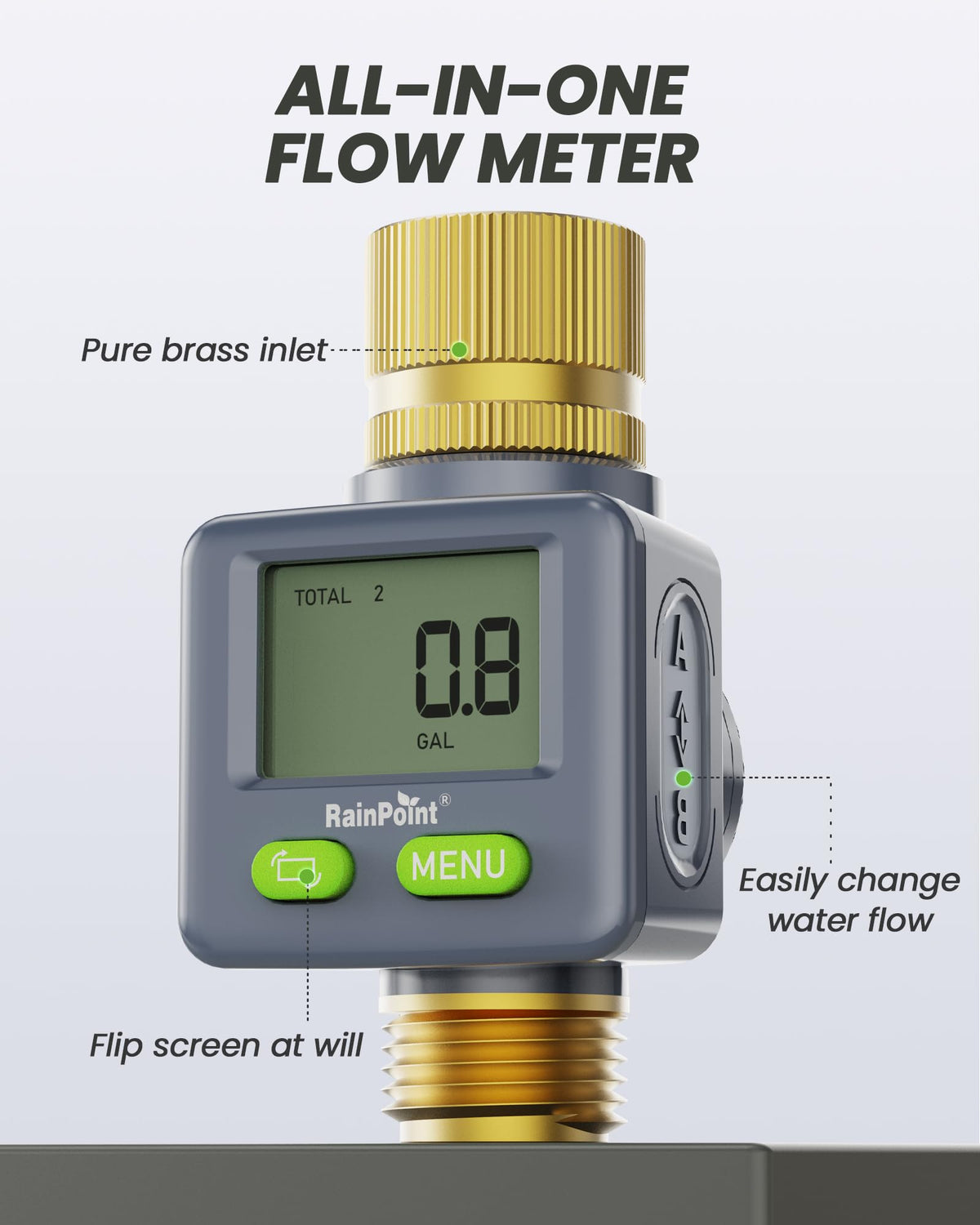 RAINPOINT Water Flow Meter with Brass Inlet & Outlet, 180° Screen-Flip Water Meter, Measure Gallon/Liter Consumption for RV Filling, Garden Watering, Sprinkler and Hoze Nozzle