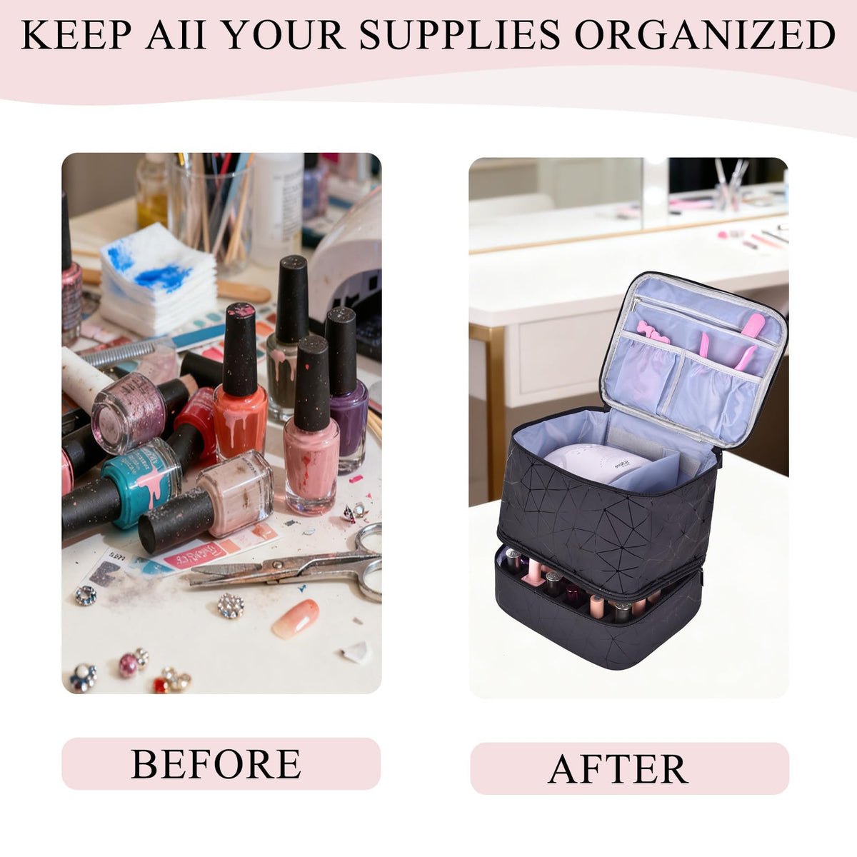RZMAYIS PU Leather Nail Polish Organizer, Double Layer Nail Polish Storage Holds 30 Bottles (15ml/0.5fl.oz) & Nail Lamp, Portable Nail Bag Organizer Case for Nail Tech Travel & Manicure Kit