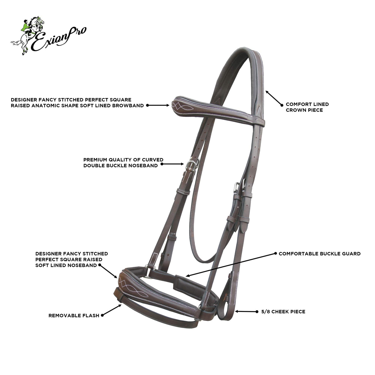 Exion Horse Dressage Bridle with Soft Padded Anatomical Crank Noseband & Reins | Fancy Square Raised Browband | Comfort Crownpiece | Premium Vegetable Tanned Leather