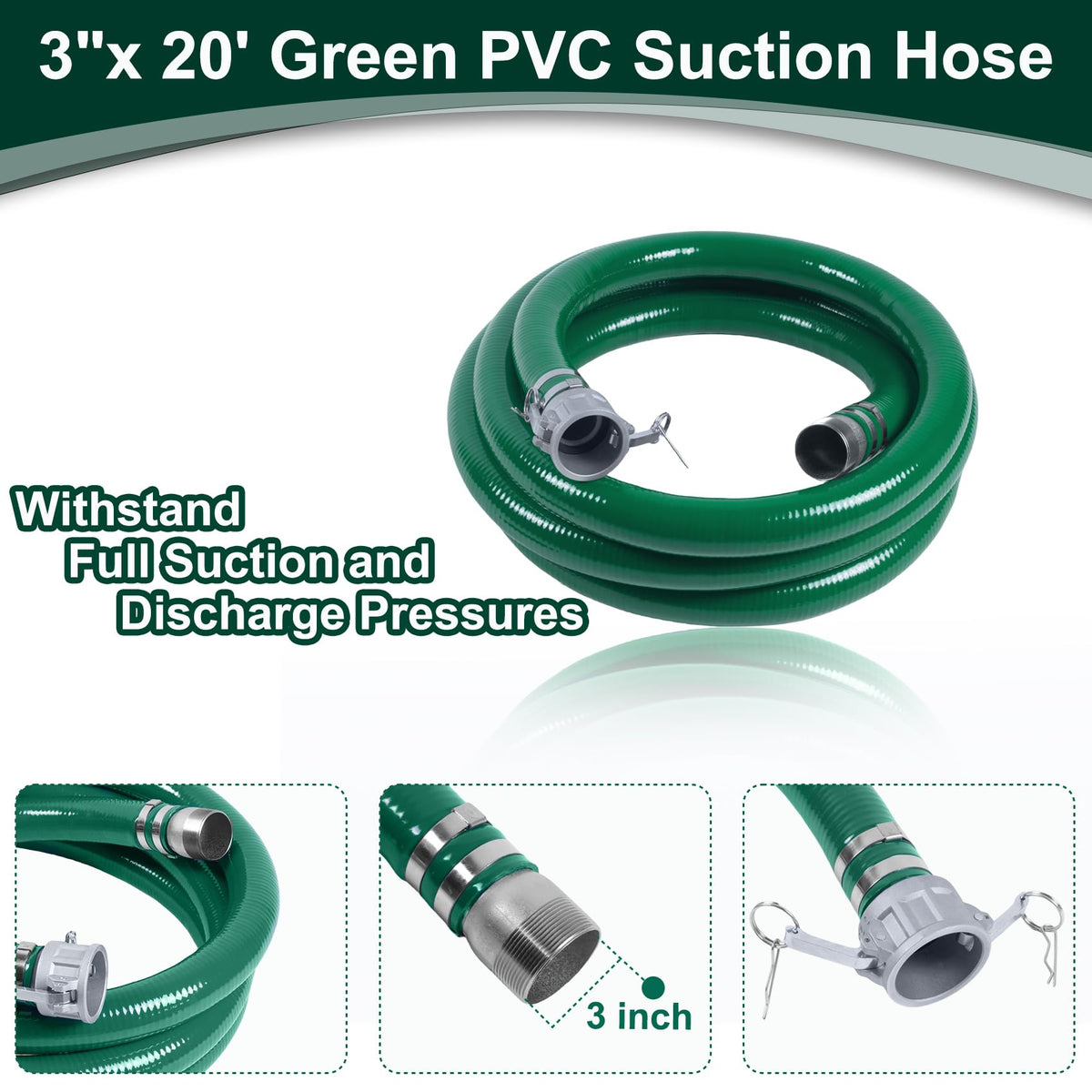 3 Inch Discharge Hose Pump Kit Includes 3" x 65' Blue PVC Lay-Flat Backwash Hose & 3" x 20' Green PVC Suction Hose & Steel Round Hole Suction Strainer & Cam and Groove Adapter, water/trash pump