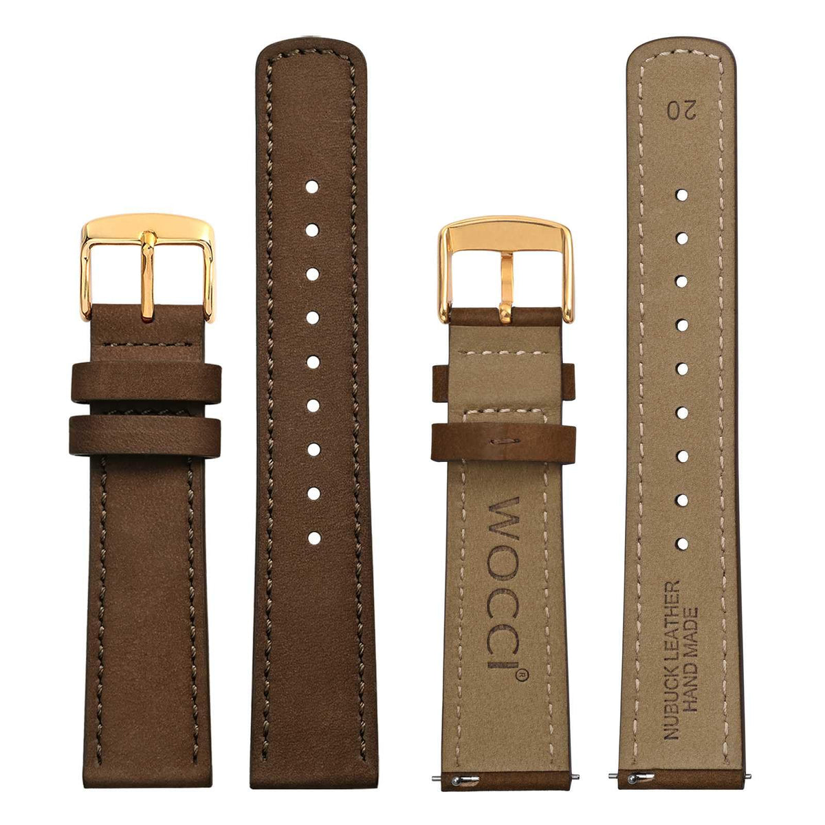WOCCI 22mm Retro Leather Watch Band for Men and Women, Quick Release Replacement Strap with Golden Buckle (Dark Brown)