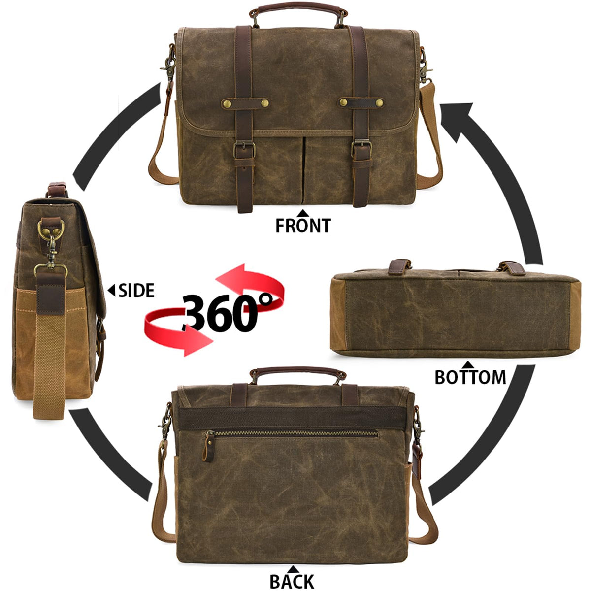 Mens Messenger Bag 15.6 Inch Waterproof Vintage Genuine Leather Waxed Canvas Briefcase Large Leather Computer Laptop Bag Rugged Satchel Shoulder Bag, Coffee