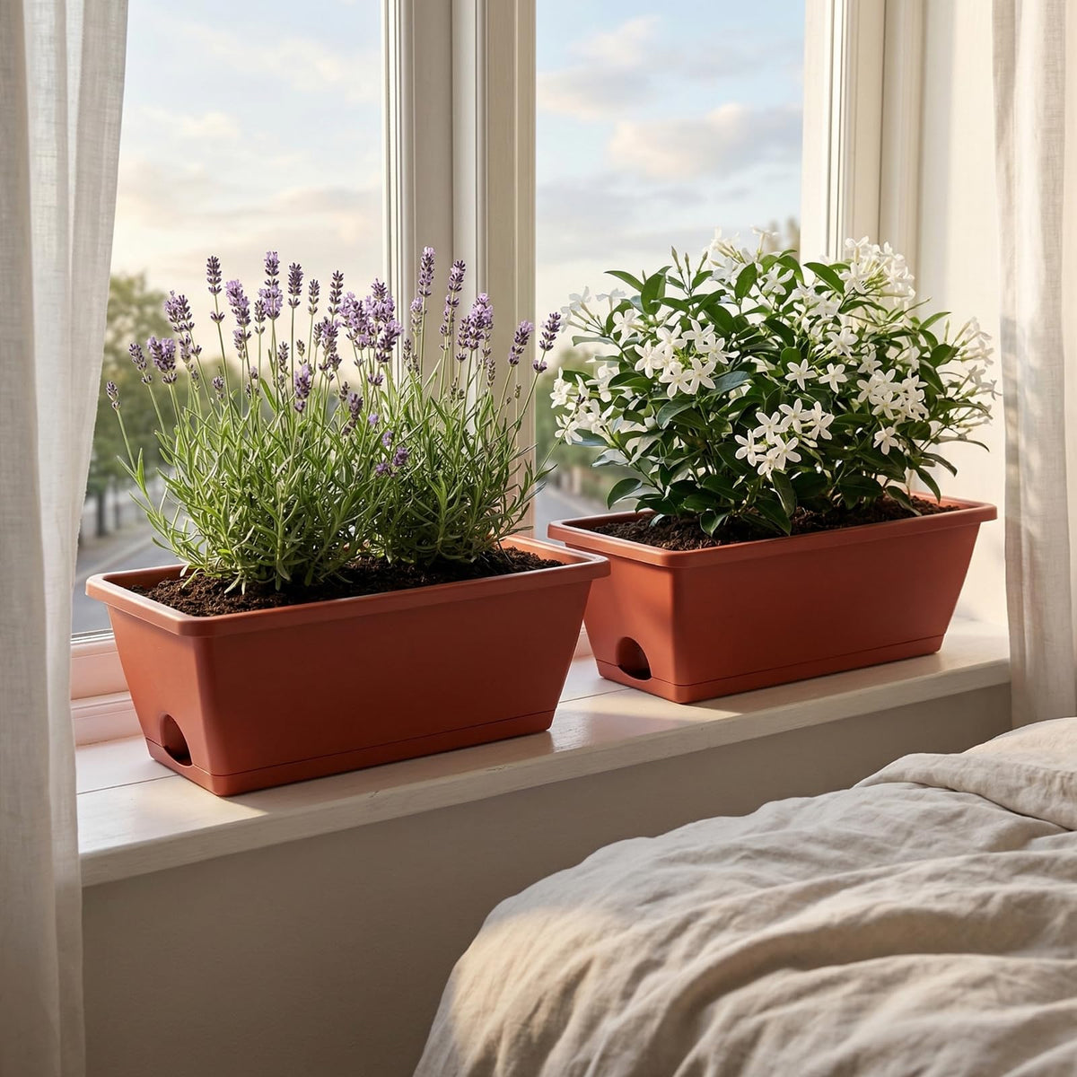 Yokodaza Red Window Box Planters, 7 Pack Rectangular Plastic Flower Planters Boxes with Saucers, 17 Inches Vegetable Planting Pots for Indoor Outdoor Garden, Patio, Windowsill, Home Decor