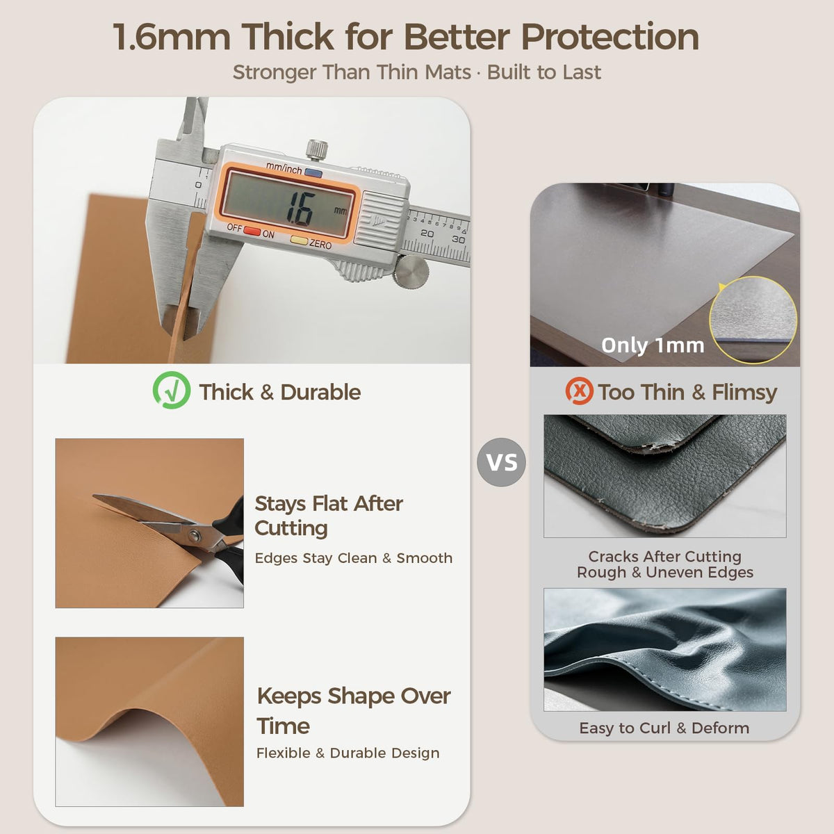 Promattoo 1.6mm Thick Leather 17x54 Inch Non-Slip Mat, Waterproof Countertop Protector, Dinner Table Runner/Cabinet Top Cover, Caramel Brown
