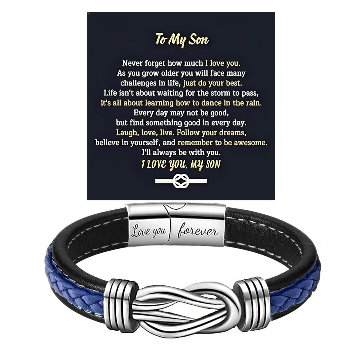 LIU JUN To My Son Bracelet From Mom, Infinity Knot Love You Forever Linked Together Stainless Steel Handmade Leather Cuff Mens Birthday Weave Gift Jewelry (Blue Infinity Black, 8.46 Inches)