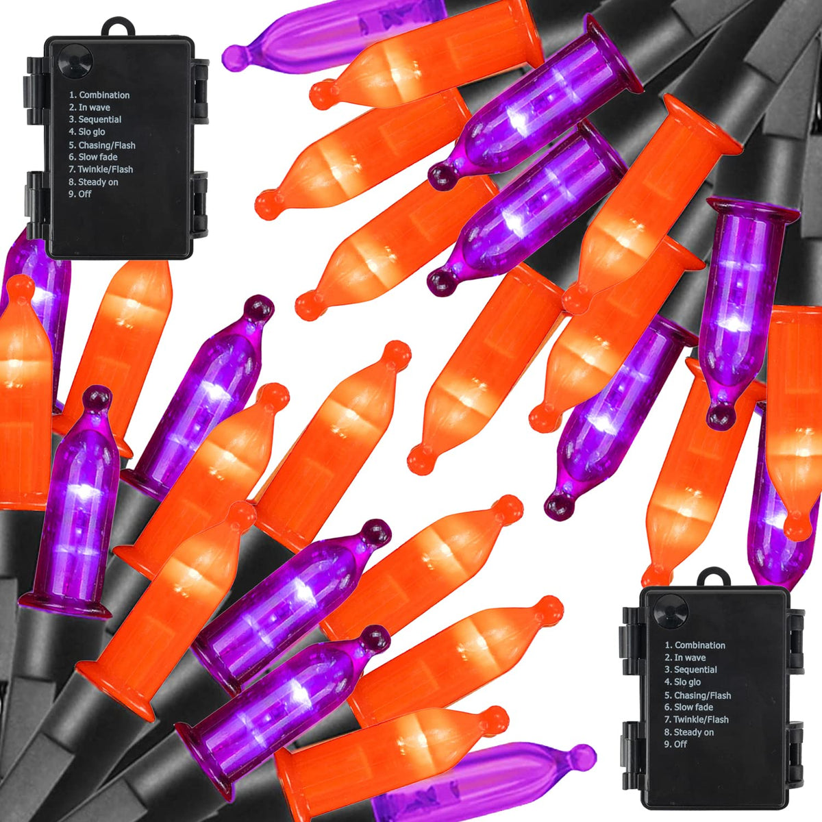 Dazzle Bright 50 LED Mini String Lights, 16FT Waterproof, 2 Pack, Purple and Orange, 8 Modes for Indoor Outdoor Christmas Decorations