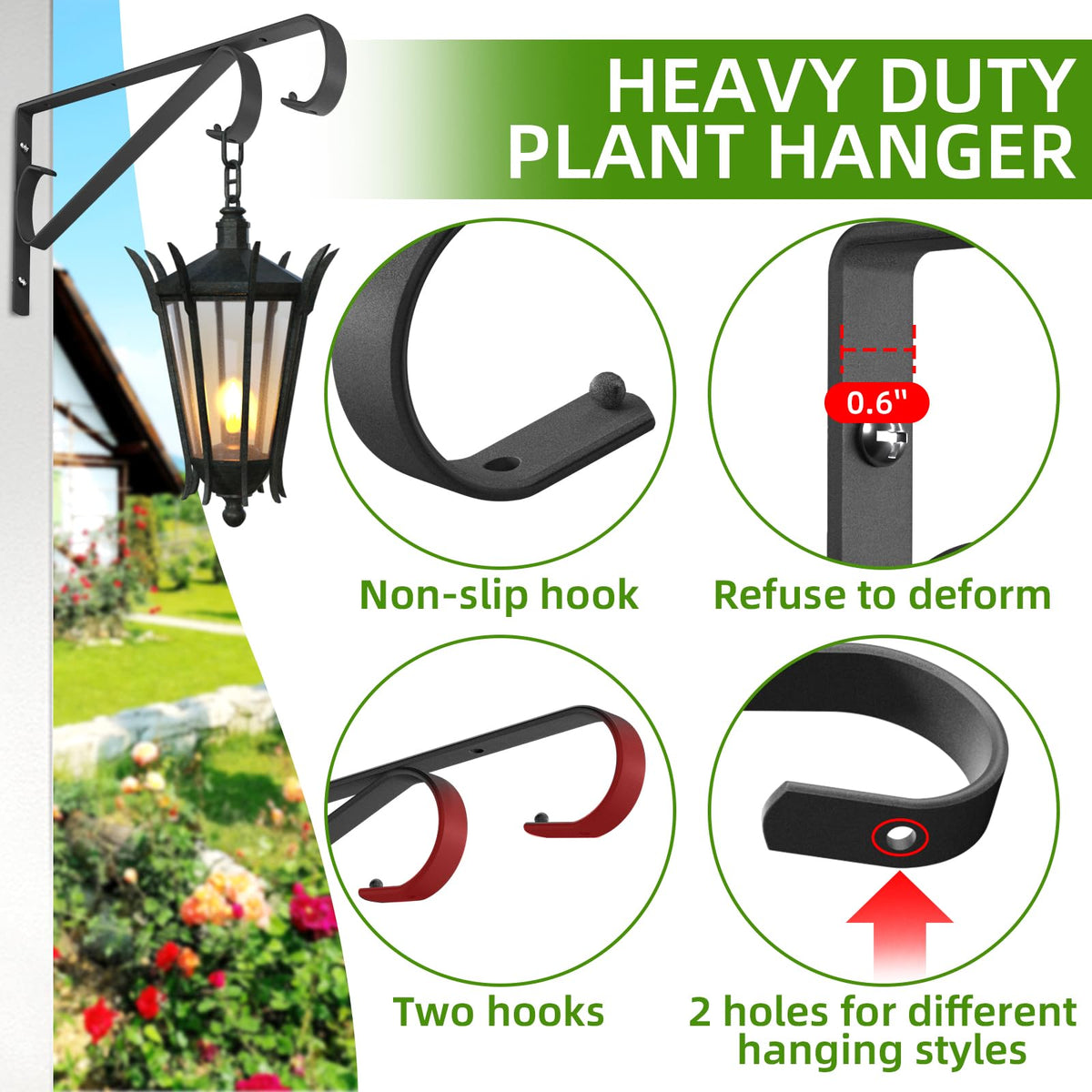 Plant Hangers Outdoor，2 Pack 15.4 Inch Plant Wall Hanger,Heavy Duty Plant Hooks for Wall,Hanging Plant Bracket for Bird Feeders, Planters, Lanterns, Wind Chimes,Black