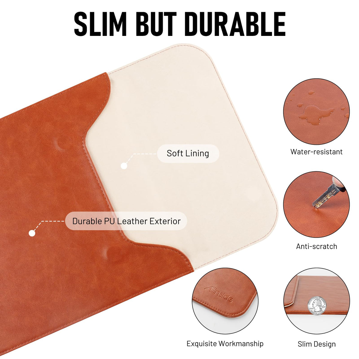 Allinside 11-12 inch Laptop Sleeve Case Compatible with MacBook Air 11 2010-2015/MacBook 12 2015-2017, Waterproof PU Leather Laptop Sleeve Bag Protective Vertical Case Cover, Brown
