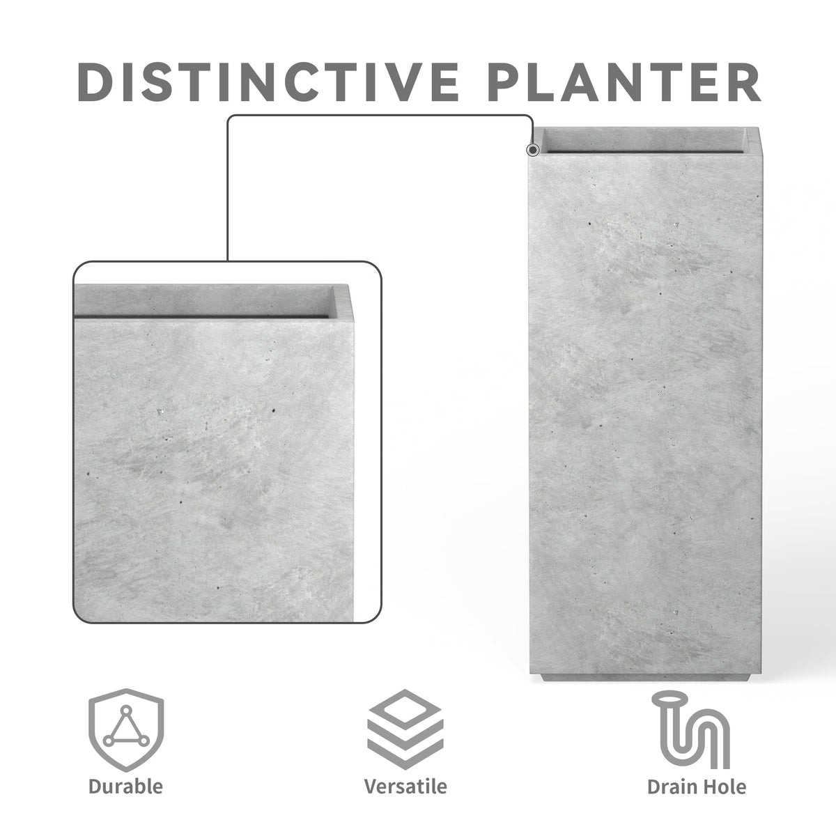 Kante 19.9" H Tall Rectangular Concrete Planter, Modern Square Diameter Plant Pot with Drainage Hole and Rubber Plug for Indoor Outdoor Home Patio Garden, Natural Concrete