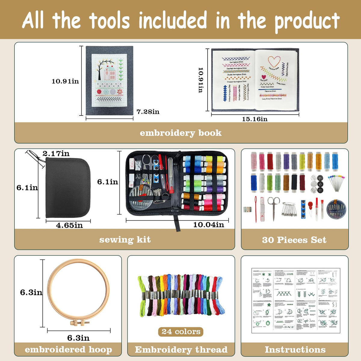 Embroidery Stitch Book Kit for Adults & DIY Craft Enthusiasts, Portable Embroidery Kit for Beginners, Includes Guide to 106 Patterns with Tools & Tutorials and 86-Piece Sewing Tool Set (1 Kit)