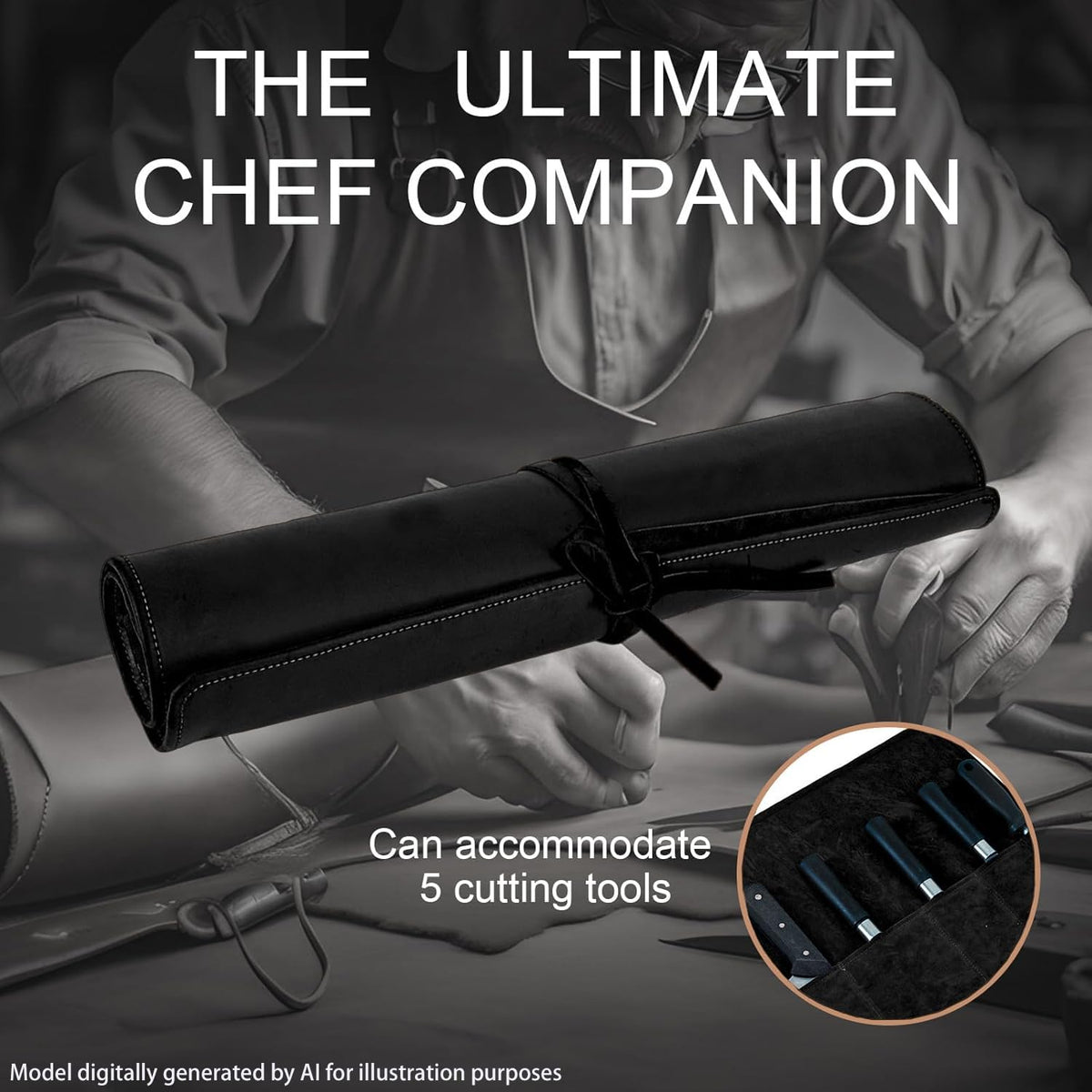 Genuine Leather Knife Roll, Knife Bags for Chefs Professional, Small Chef'S Knife,Knives Holders Protectors with 5 Slots (Black)