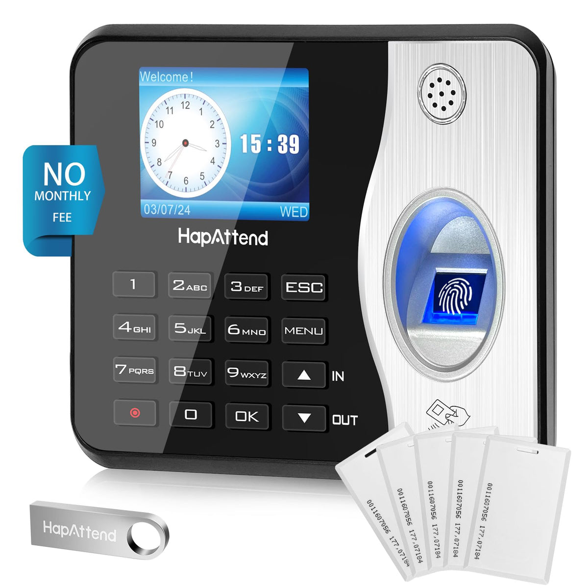 HapAttend Time Clock Bundle with 15 RFID Cards, 0 Monthly Fees Standalone Biometric Time Attendance Punch Machine with Fingerprint, RFID and PIN