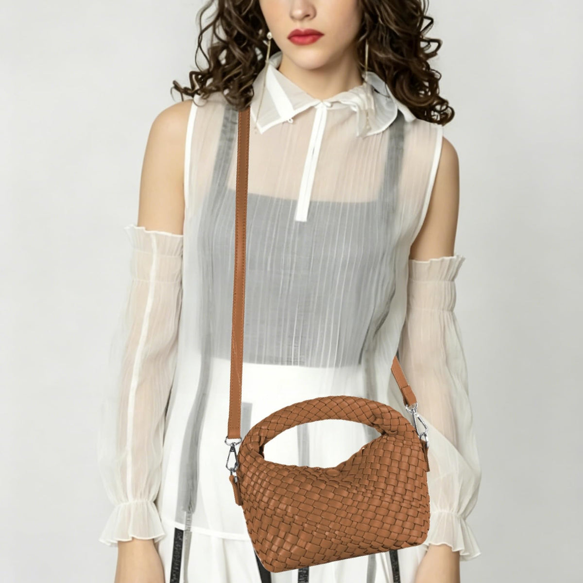 Woven Shoulder Bag for Women, Aesthetic Small Purse Trendy Top Handle Handbag PU Leather Crossbody Bag with Detachable Strap Cute for Mom Sister Girlfriend (BROWN)