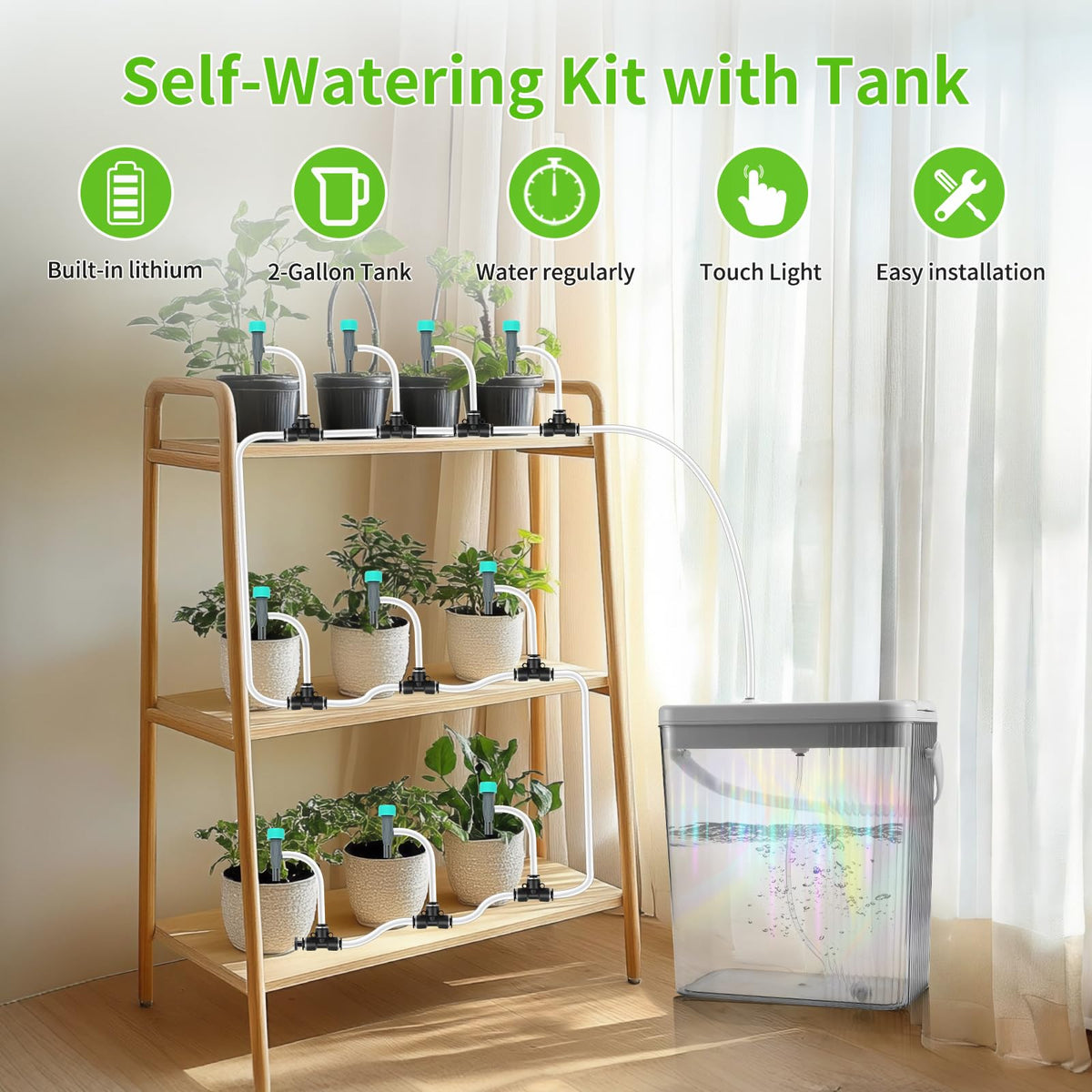 RUNWUSHENG Indoor Drip Irrigation System with 2-Gallon Water Tank, Touch Night Light & Programmable Timer-Self-Watering Kit for 10 Potted Plants