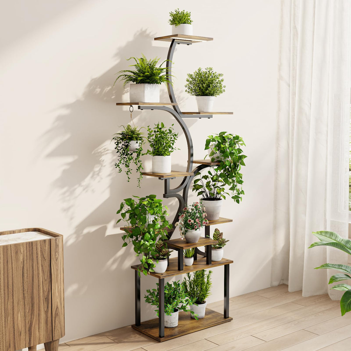 Plant Stand Indoor with Grow Lights - 9-Tier Curved Plant Stand, Tall Metal and Wood Indoor Plant Shelf with Unique Arched Design, Multi-Tier Flower Pot Holder Rack with Waterproof Finish, 63" Tall for Living Room, Balcony, and Garden