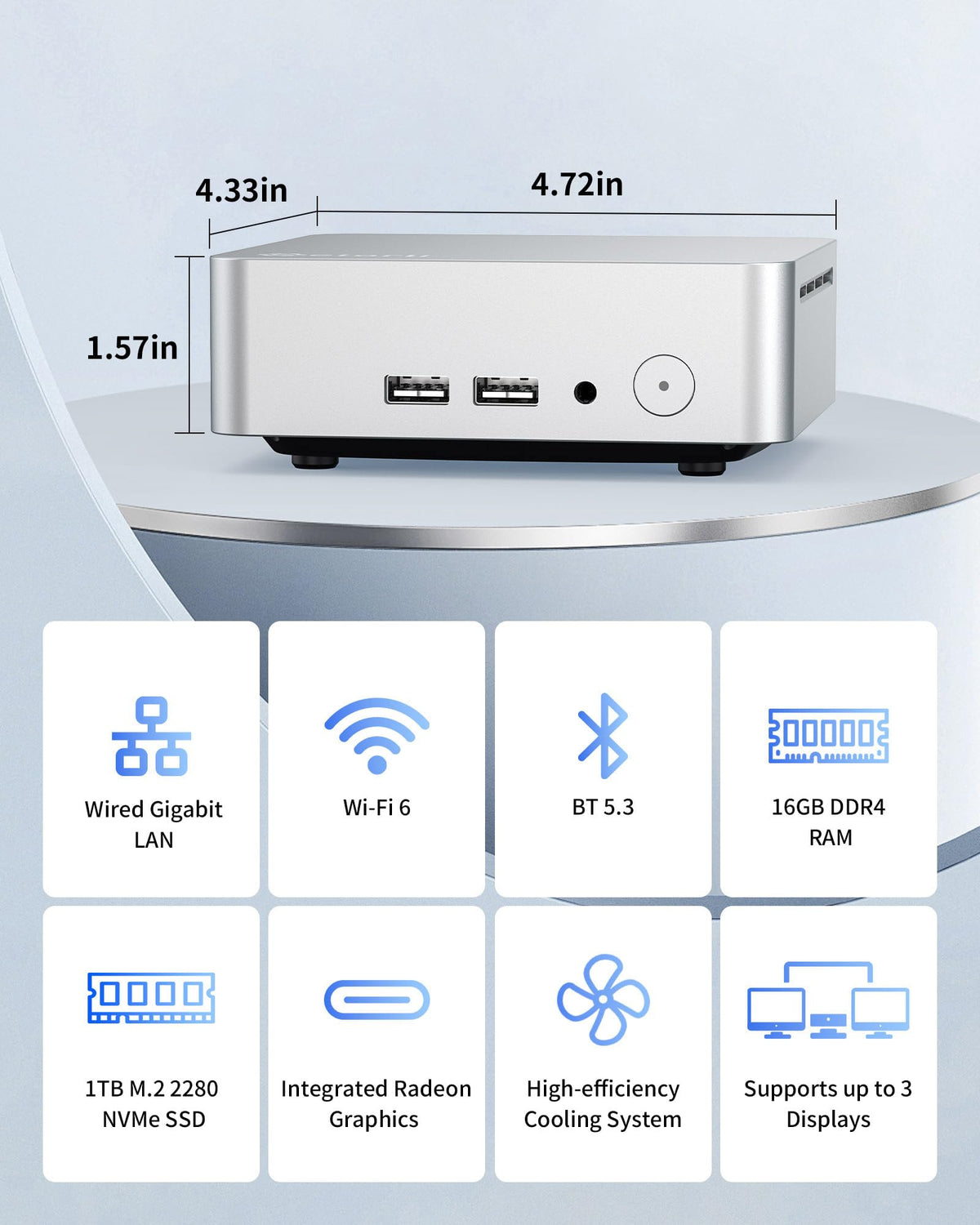 Getorli Mini PC AMD Ryzen 5 3550H (4C/8T, Up to 3.7GHz), 16GB DDR4 1TB NVMe SSD Desktop Computer, Support Triple Display 4K, WiFi 6, BT 5.3, Mini Desktop Computer for Business, Office, Education