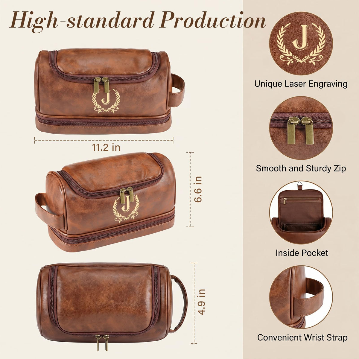 Groomsmen Gifts for Men Travel Toiletry Bag, Personalized Leather Toiletry Bag with Handle & Hook, Water Resistant Shaving Kit Bag for Wedding Party Bachelor Party Favors Bestman Gifts(T)