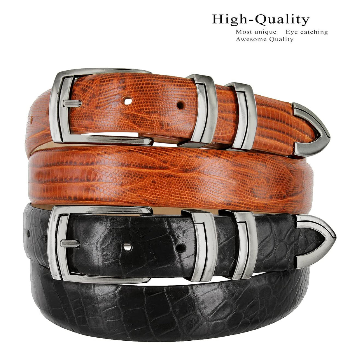 Belts.com BS8191 Gun Genuine Full-Grain Cowhide Leather Designer Golf Dress Belt 1-1/8"(30mm) Wide (Alligator Black, 44)