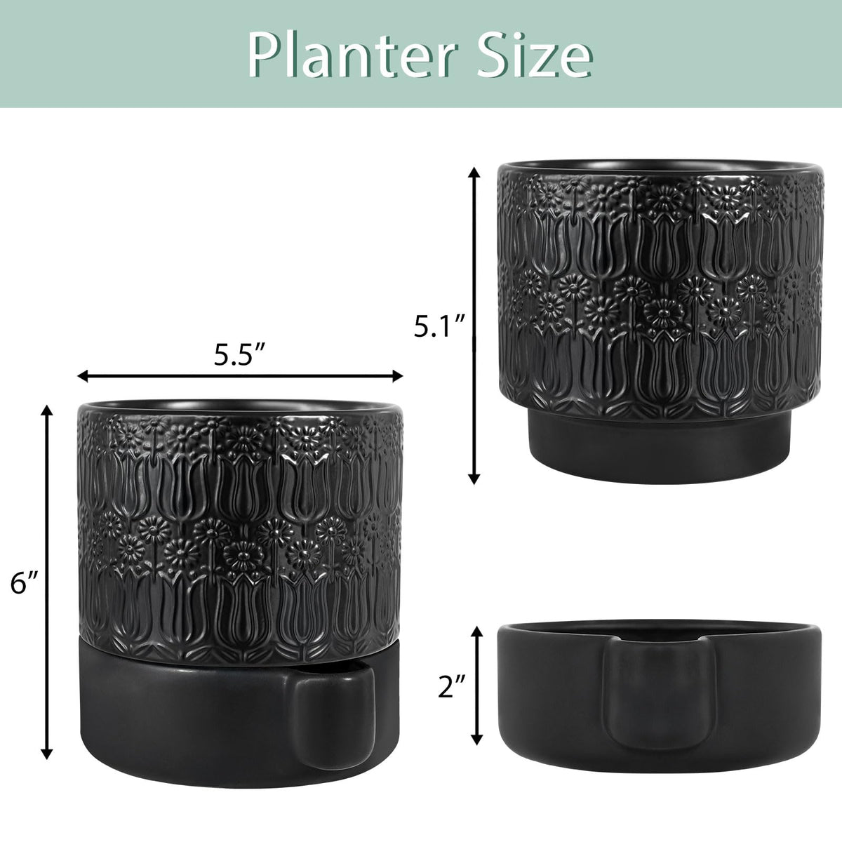 AmiCera Ceramic Plant Pots, Ceramic Outdoor Planters with Drainage Holes, Modern Planters for Indoor Plants, Black Flower Pot Relief Design, Decorative Gardening Gift for Plant Lover, 5.5 Inch