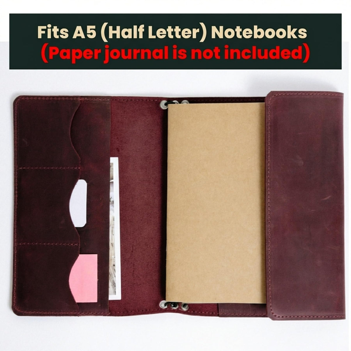 TORAKIP Genuine Leather A5 Notebook Cover – Refillable Journal Case with 3 Elastic Bands, Pen Holder & Inner Pockets, Fits Standard A5 Inserts 5.8 x 8.3 inch (Paper Not Included), Burgundy