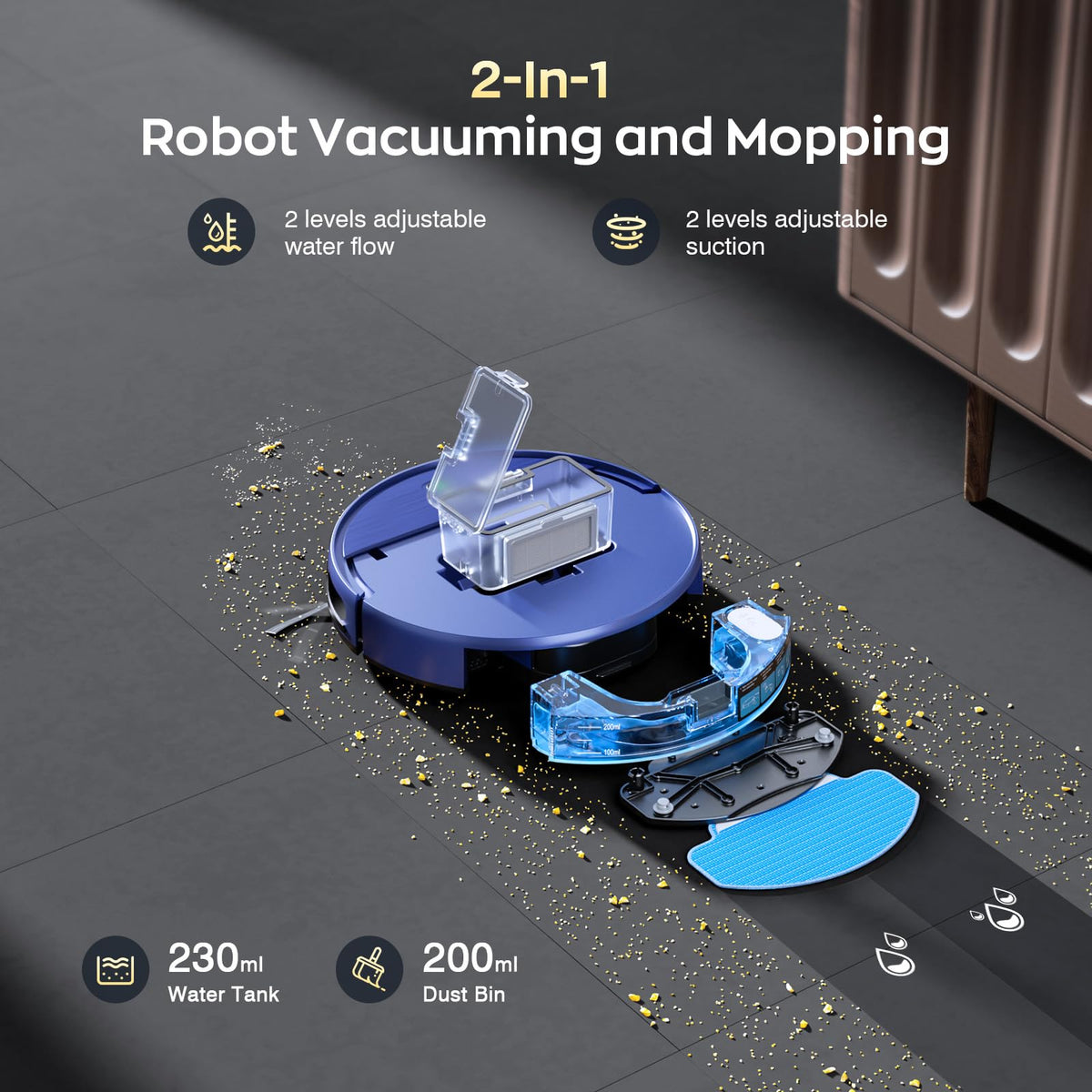 Robot Vacuum and Mop Combo, 2 in 1 Robot Vacuum Cleaner with WiFi/App, Smart Robotic Vacuums with Strong Suction, Schedule, Self-Charging, Slim, Quiet, Ideal for Hard Floor, Pet Hair, Low Pile Carpet