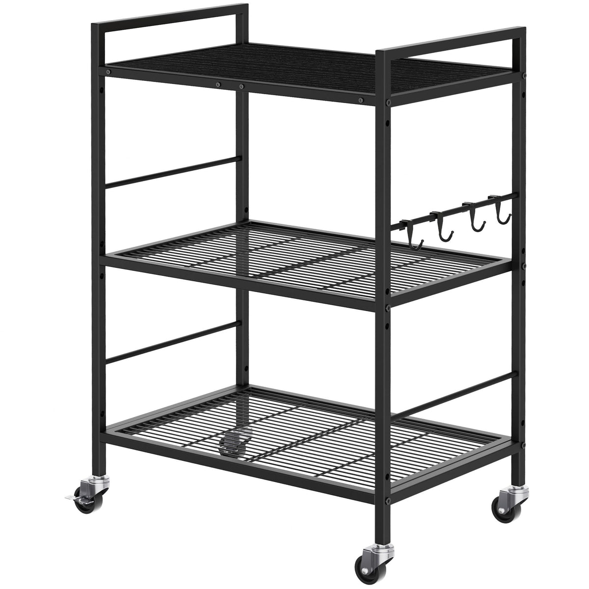 XIVIRACK 3-Tier Metal Storage Rack with Industrial Wheels,Mesh Shelving Unit with Wooden Table top,Adjustable Shelf,23.6-Inch Width,15.8-Inch Depth, for Kitchen, Laundry,Pantry,Plant,Black panel