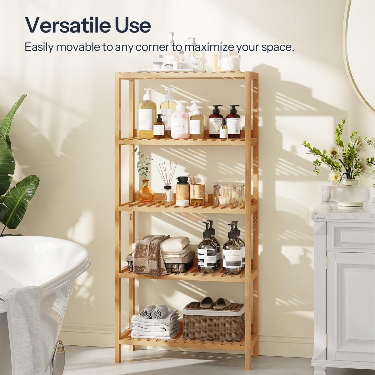HOOBRO Bamboo Storage Shelf, 5-Tier Freestanding Shelving Unit, Multifunctional Storage Rack with Back Panel, 23.6 x 10.2 x 51.2 inches, for Bathroom, Living Room, Balcony, Kitchen, Natural YL96CJ01